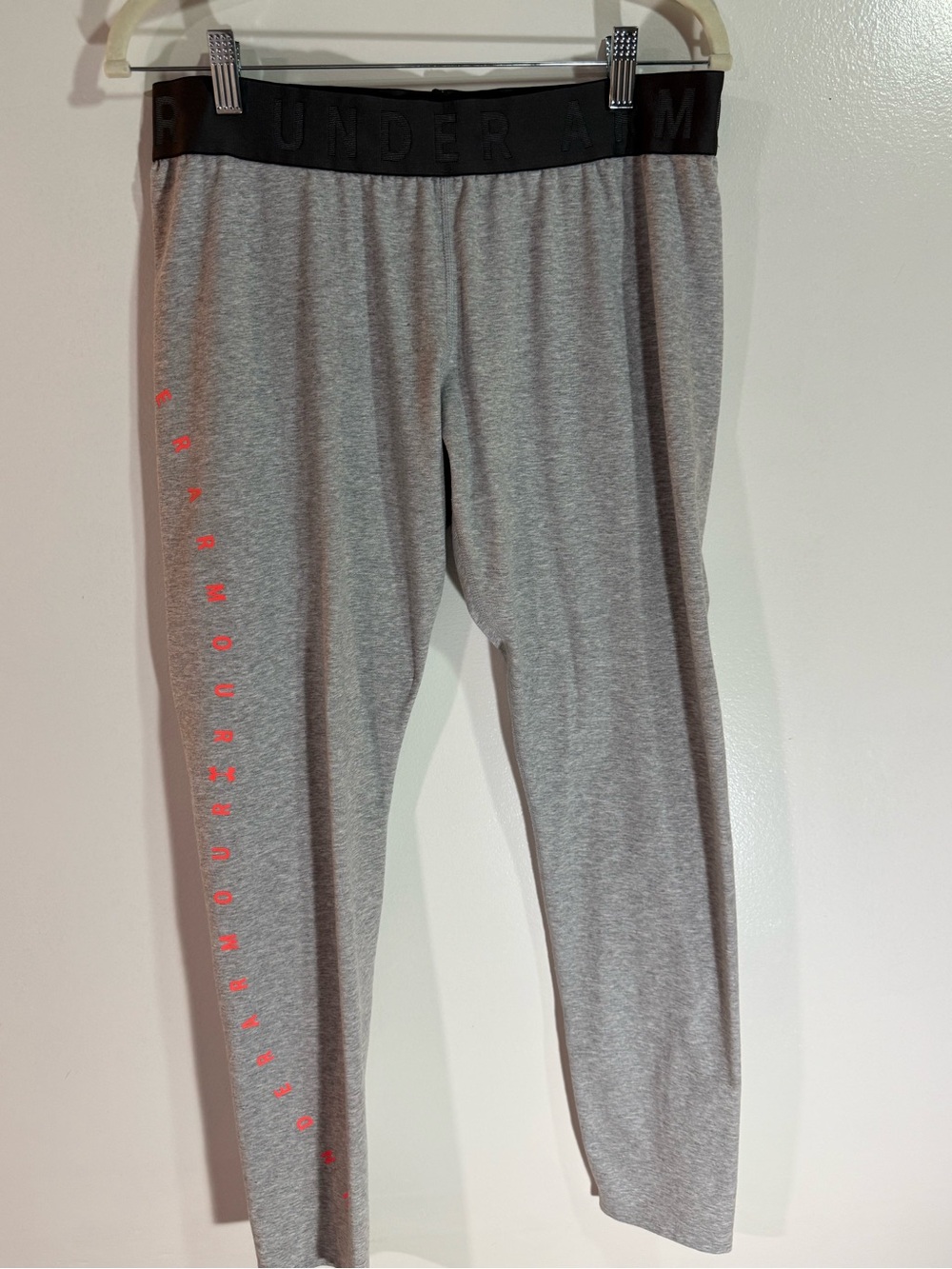 Under Armour Gray Leggings with Black Waistband and Pink Logo